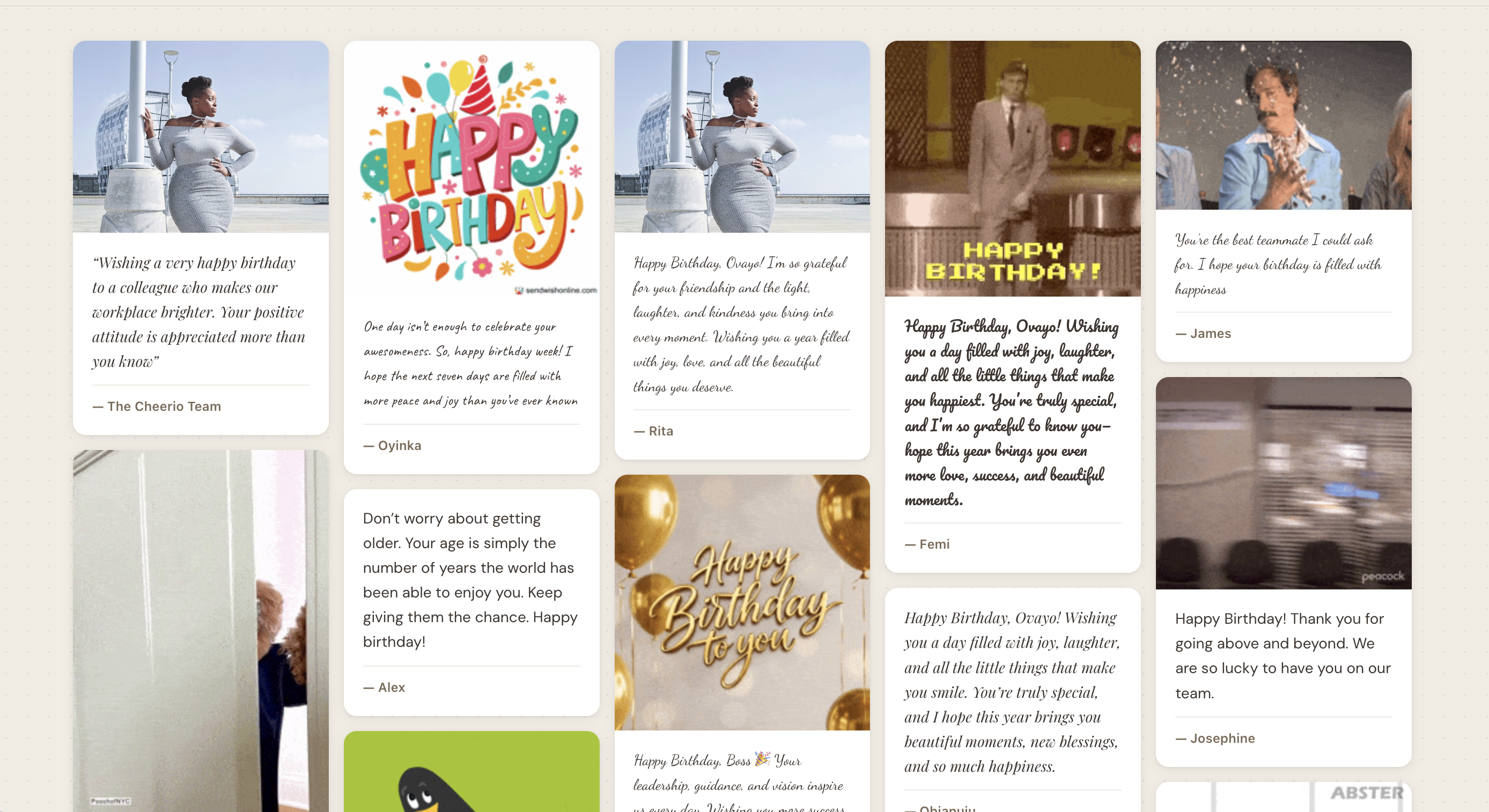 Live group card board with messages from the team