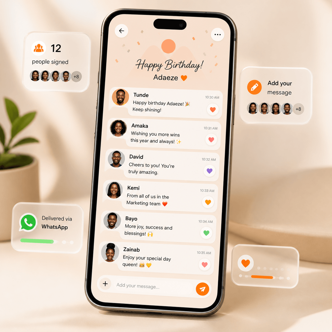 Group eCard with multiple signers delivered via WhatsApp
